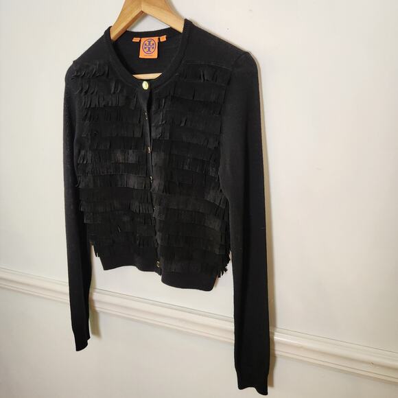 Tory Burch Cardigan Sweater XS Womens Black Merino Wool Leather Fringe Career - Picture 3 of 11